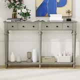 Knocbel Retro Console Table with 4 Drawers and Open Shelf, Vintage Sofa Tables with Slim Legs for Entryway Living Room 59.8" W x 11" D x 34" H Grey Wash Knocbel