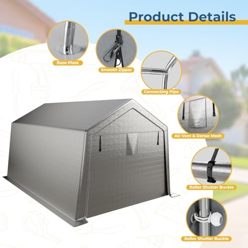 LINKHOO 10 x 15 FT Carport, Portable Shed w/220G Heavy Duty Waterproof PE Tarp, Roll-up Zipper Door & Vent, Weather-Resistant Storage Shed for Motorcycle, Bike, ATV and Tools, Gray LINKHOO