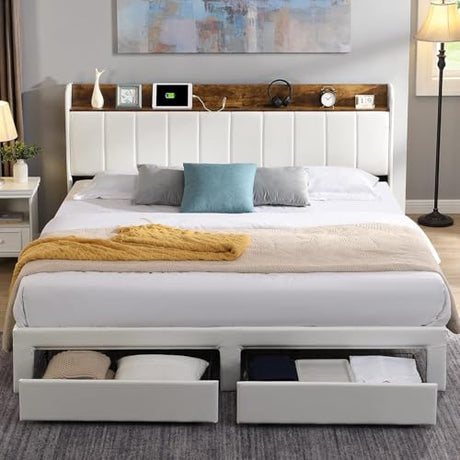 XKLOGER Queen Bed Frame with Headboard & Charging Station, Upholstered Platform Bed Frame with 2 Storage Drawers, Sturdy Wooden Slats Support/No Box Spring Needed/Noise Free/Easy Assembly/White XKLOGER
