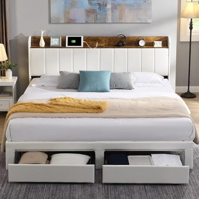 XKLOGER Queen Bed Frame with Headboard & Charging Station, Upholstered Platform Bed Frame with 2 Storage Drawers, Sturdy Wooden Slats Support/No Box Spring Needed/Noise Free/Easy Assembly/White