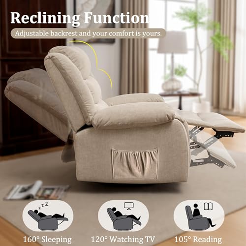 Korser Recliner Chair, Wide Rocker Chair, Rocking Chair with Massage and Heat,360°Swivel Nursery Rocking Chairs, Oversized Recliner for Adults, Cashmere Reclining Sofa for Living Room, Khaki
