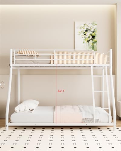 Miscoos Twin over Full Metal Bunk Bed, Heavy-Duty Full Bed Frame with Full-Length Guardrails and Safety Ladder, Space Saving Metal Bunk Bed, No Box Spring Needed, White