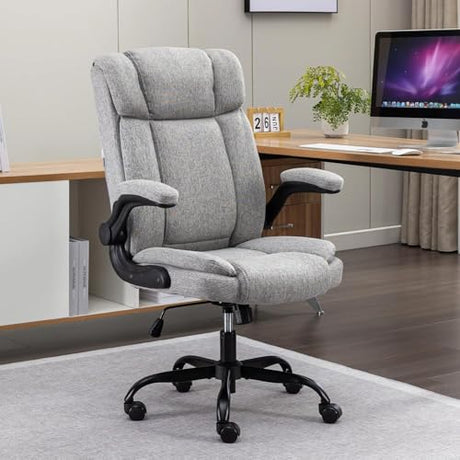 BRTHORY Office Chair High Back Ergonomic Executive Computer Desk Chair Comfortable Fabric Padded Home Office Desk Chairs with Flip-up Arm Rest Adjustable Height Swivel Wheels (Grey) BRTHORY
