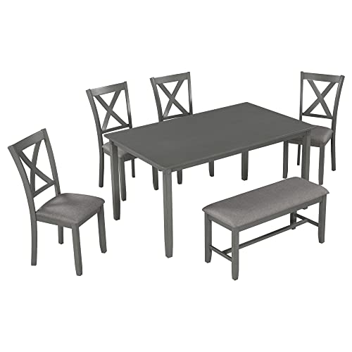 LUMISOL 6-Piece Dining Table Set with Bench for 4-6 People, Including 1 Dining Table, 4 Upholstered Chairs and 1 Bench, Save Space, Dark Grey LUMISOL