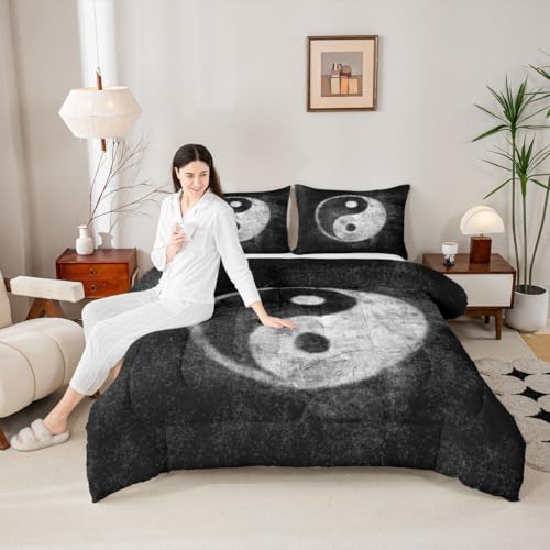 Feelyou Yin Yang Bedding Set for Girls Boys Children Boho Trippy Psychedelic Art Comforter Set Decorative Gossip Pattern Comforter Traditional Ying Yang Theme Duvet Set Full Size 3Pcs Feelyou