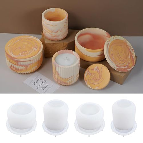 4pcs Cup Shape Candle Jar Silicone Mold with Lid, Handmade Storage Bowl Resin Mould, Flower Pot Vase Concrete, DIY Plaster Cast Cement Rings Jewelry Storage Box Mold XMOX