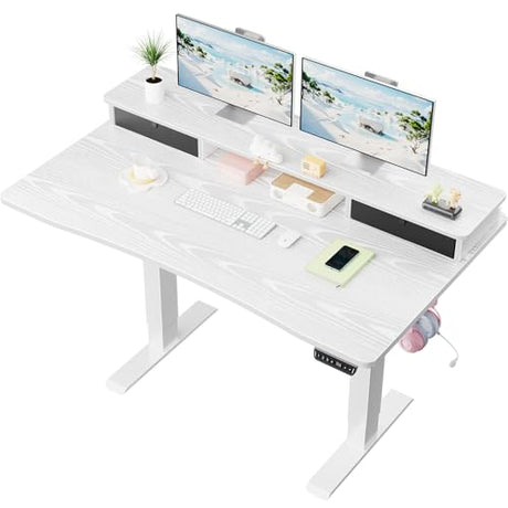Veken 47.2"×27.6" Home Office Standing Desk with Monitor Riser, Adjustable Computer Desk with Drawers, Ergonomic Desk for Work, Study, Gaming, Crafting, White Veken
