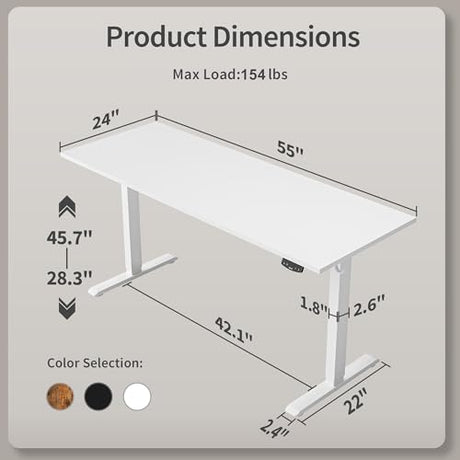 Agilestic Electric Standing Desk, 55 x 24 Inches Height Adjustable Desk, Sit Stand up for Work Office Home, Ergonomic Rising Computer Table with Memory Preset, White Agilestic