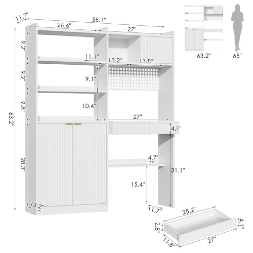 kepptory 63" Tall Computer Desk with Hutch, Fluted Wood Computer Desk, Featuring Charging Station, Drawer and Storage Cabinet, for Home Office Work and Study (White) kepptory