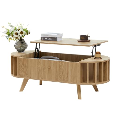 Janmer Home 47.3" Lift Top Coffee Table with Hidden Storage, Small End Table with Curved Edge Design, Oval Center Table with Lift Tabletop for Living Room, Office (Natural) - WoodArtSupply