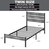 PUNICE Twin Size Bed Frame with Charging Station, LED Light Metal Bed Frame with Wooden Headboard, No Box Spring Required, No Noise, Easy Assembly, Light Grey PUNICE