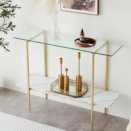 LumFurn Glass Console Table for Living Room, Foyer & Entrance, 2-Tiers Mid-Century Modern Sofa Table with Clear Glass Top, White Marble Finish Wood Shelf and Gold Finish Frame LumFurn