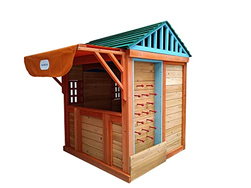 Outdoor Playhouse for Age 3-8 Years Boy Girl, Wooden Cottage Playhouse with 4 Game Awning Window, Ball Wall & Tetris. Play House for Outdoor Garden,