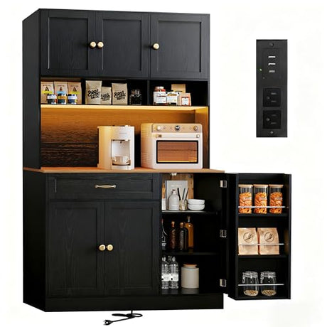 FJTJBSI 72" Kitchen Pantry Cabinet with LED Light and Charging Station Tall Pantry Storage Cabinet with Adjustable Shelves and Door Shelves Modern Kitchen Hutch with Countertop Black FJTJBSI
