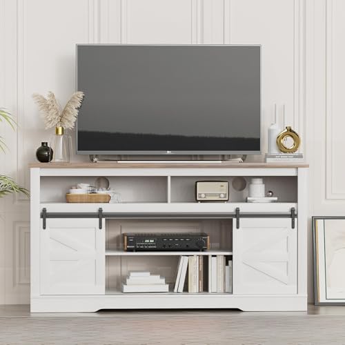 YESHOMY Fireplace TV Stand for Television up to 65+ Inch with Storage and Farmhouse Sliding Barn Doors, Entertainment Center with Cabinet and Shelves, Media Console for Living Room, White YESHOMY