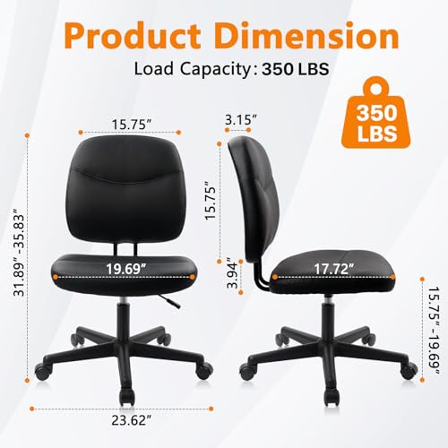 CLATINA Armless Home Office Chair, Small PU Leather Ergonomic Low Back Desk Chair with Lumbar Support and Wheels, Adjustable Height 360° Swivel Rolling Computer Task Chair, Black CLATINA