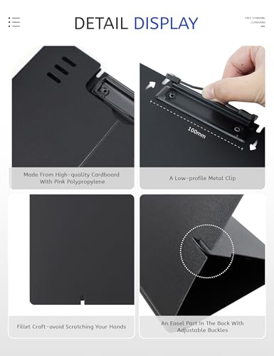 GAUENEEN Free Standing Clipboard and Desktop Stand with Adjustable Buckles Easel Back - Foldable Stand and Document Holder for School, Office and Business Use (9.37 x 12.6 inches) (Black) GAUENEEN