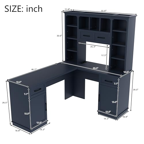 Hlcodca L Shaped Computer Desk with Drawers, Bookshelf & Hutch, Modern Corner Home Office Desk, L-Shaped Study Table Writing Corner Gaming Computer Desk with Storage (Antique Blue) Hlcodca