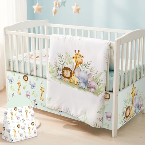 Hahafelt 4 Pieces Baby Crib Bedding Set for Girls and Boys, Soft Baby Bedding Set Including Crib Skirt, Comforter, Sheet and Diaper Stacker for Nursery (Wildlife Theme) Hahafelt