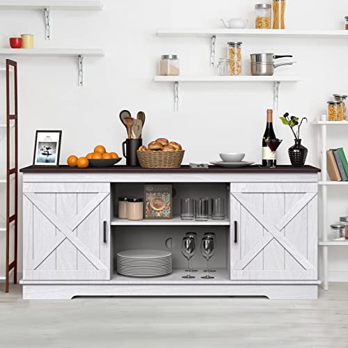 YITAHOME Buffet Cabinet, 59" Farmhouse Sideboard Buffet Storage Cabinet with Barn Door, Coffee Bar Cabinet with Capacity 300 lbs for Home Dinning Living Room, Grey White/Espresso, 26" Height