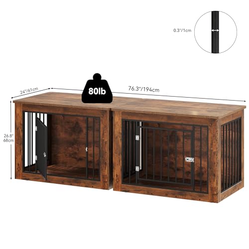 YITAHOME 76 Inch Double Dog Crate Furniture, XXL Dog Crate Furniture for 2 Dogs, Side End Table, Waterproof, Safety Corners, 2-in-1 Iron-Wood Fusion Dog Kennel Furniture for 2 Large Dogs,Rustic Brown YITAHOME