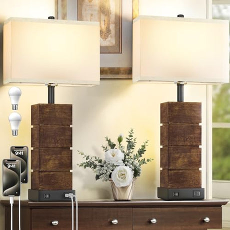 25.3" Farmhouse Table Lamps Set of 2 with 3 Color Temperatures, Faux Woodgrain Vintage Resin Lamps with USB C A Port, Rectangular White Shade Nightstand Lamps for Bedroom Living Room, Bulbs Included Spclsim