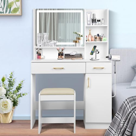 QUALIKRAFT Widescreen Vanity Set with LED Mirror & Stool, Makeup Desk with Built-in Power Outlet, 2 Drawers & 6 Shelves, Wide Lighted Dressing Table QUALIKRAFT
