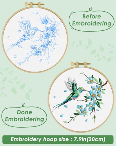 ERKOON Embroidery Kit for Beginners, Hummingbird and Flower Cross Stitch Set for Include Embroidery Cloth Hoops Threads for Craft Lover Hand Stitch with Embroidery Skill Techniques (Green Hummingbird) ERKOON