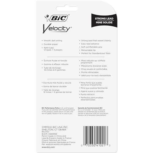 BIC Velocity Strong Lead Mechanical Pencils, With Colorful Barrel, Thick Point (0.9mm), 5-Count Pack Mechanical Pencils With Erasers BIC