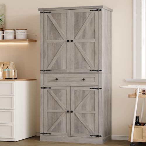 BORNOON Pantry Organizers and Storage Cabinet, 70” Barn Door White Kitchen Cabinet with Drawers and Adjustable Shelf, Tall Pantry for Kitchen, Dining Room, Living Room Bedroom BORNOON