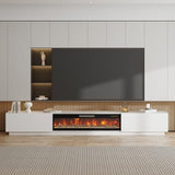 WOODTIME 109.4"W Fireplace TV Stand for TVs up to 85 Inches, 1500W/750W Electric Fireplace with 12-Color Flame, 2-Level Heat, Extra Long Entertainment Center with Large Drawers, for Living Room, White WOODTIME
