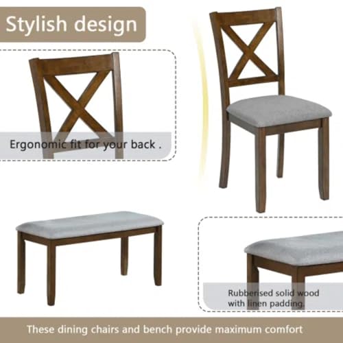 Trygoal 6-Piece Dining Table Set for 4-6 People, Kitchen Set with 4 Upholstered Chairs and One Bench, Living Room Chairs with X-Shape Backrest, Rectangular Wooden Table for Home Bar, Walnut Trygoal