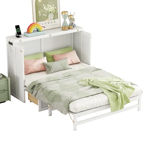 KALALLA Full Size Murphy Cabinet Chest Bed with Storage Drawer and USB-Ports, Wood Foldable Platform Bed, Space Saving for Home Office, Guest Room, KALALLA