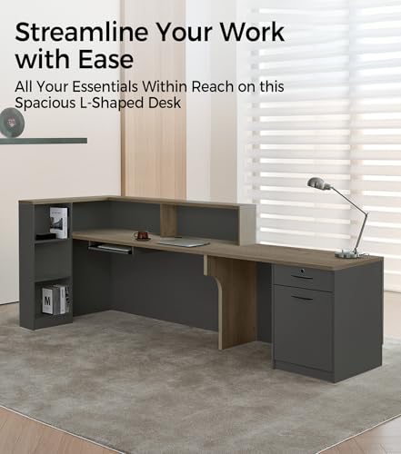 Modern L-Shaped Reception Desk with Counter - 71 Inches Front Desk with Storage Cabinet, Open Shelves, Lockable Drawer & Keyboard Tray for Office, Lobby, Checkout (Tobacco Wood & Iron Gray - Left) Anzhap