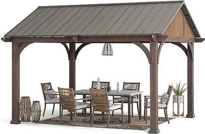 Sunjoy 12 x 14 ft. Hardtop Gazebo Premium Brown Cedar Wood Frame Gable Roof Gazebo with Ceiling Hook by SummerCove - WoodArtSupply