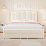 Queen Upholstered LED Bed Frame with 2 Storage Drawers and Adjustable Chic Double Wavy Headboard, Velvet Princess Platform Bed with Charing Station, Solid Wood Slats Support,No Box Spring Needed,Beige Jocoevol