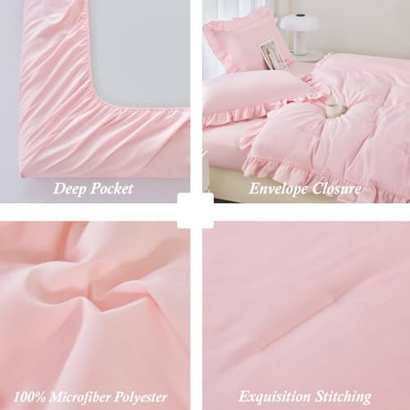 ANGIYUIN 5 Pieces Pink Twin Size Comforter Set for Girls Ruffled Kids Bed in A Bag with Sheet Sets Farmhouse Shabby Bedding Sets with Ruffle Soft Fluffy Bed Sets (Pink Twin) ANGIYUIN