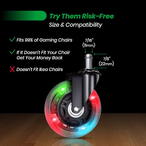 Gaming Office Chair Wheels Replacement — 3″ Heavy Duty Caster Wheels for Desk Chairs, Smooth Rolling Chair Casters, Safe for Hard Floors and Low Carpets, Universal Fit (Set of 5, RGB) BuffMod
