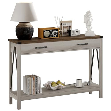 ChooChoo 47'' Farmhouse Console Table with Drawer, Entryway Table with Storage Shelf, Rustic A-Design Sofa Table for Hallway, Entrance, Living Room, White&Brown ChooChoo
