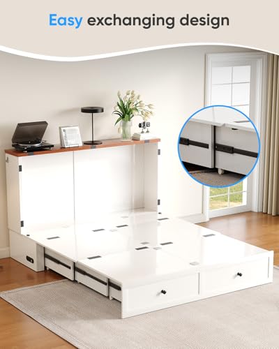 ADOWORE Full Size Murphy Bed with Mattress Included, Cabinet Bed with Charging Station & Large Storage Drawer, Hideaway Full Foldable Platform Bed for Home Office or Guest Bedroom, Living Room,White ADOWORE