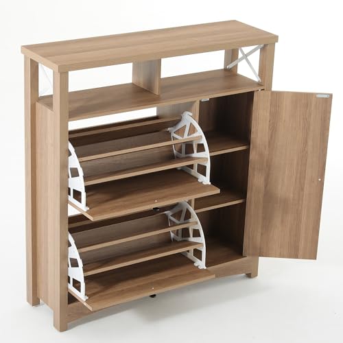 YITAHOME Farmhouse Shoe Cabinet with 2 Flip Drawers, Rattan Shoe Rack w/Adjustable Shelves and Open Storage, Rustic Wood Entryway Organizer for Hallway, Foyer, Porch, Living Room, Light Oak YITAHOME