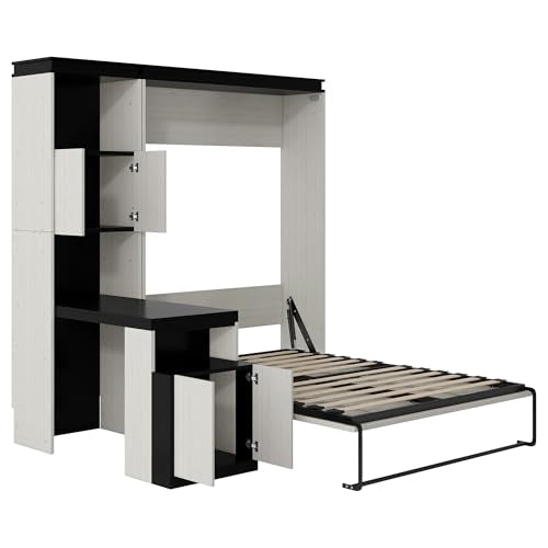 SOFTSEA Full Size Murphy Bed with Desk and Storage Shelves and Cabinets, Black+White SOFTSEA