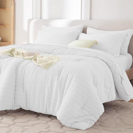 MUXHOMO 7 Pieces Queen Comforter Set, Seersucker Bed in a Bag Queen Size, All Season Luxury Bedding Set with Comforter, Flat Sheet, Fitted Sheet, Pillowcases & Shams, White MUXHOMO