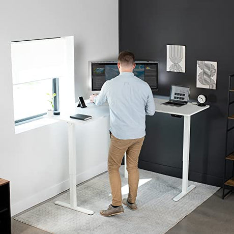 VIVO Corner Standing Desk, 63 x 55 inch Reversible L-Shaped Workstation, Electric Height Adjustment, Home, Office, and Reception Rooms, White Table Top White Frame, DESK-E3CTW VIVO