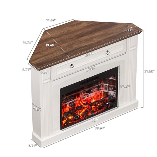 AHB Corner TV Stand with Remote Control, Electric Fireplace with Wooden Mantel, Entertainment Center with Efficient Heating System, Adjustable Brightness Realistic Flame(White) AHB