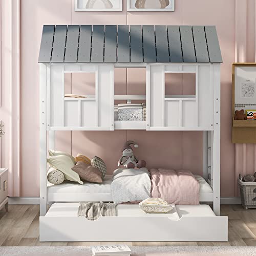 Merax Twin Over Twin Bunk Bed with Trundle,Roof and Windows,House-Shaped Wood Bunk Bed for with Built-in Ladder and Guardrail for Girls,Boys,White+Grey Merax
