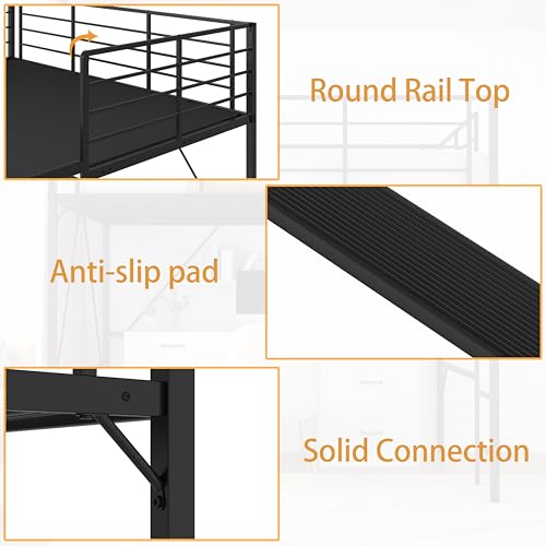 Realhotan 75Inch Queen Loft Bed with Ladder and High Guardrail, No Box Spring Required,Space-Saving,No Sagging Metal Slat Support Heavy Duty Bedframe, Black Realhotan