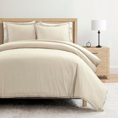 Lush Decor Hampton Double Flange Embroidered Contrast Edge Cotton Duvet Cover Set, 3 Piece Set, Full/Queen, Neutral & Copper - Luxury Hotel Bedding Set - Beige Duvet Cover - Minimalist Decor Lush Decor