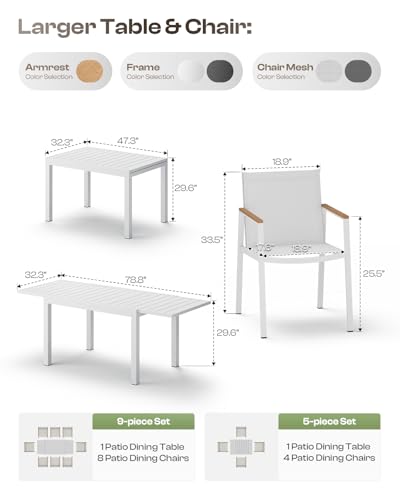 Oasbira Expandable Outdoor Patio Dining Table Set for 6-8 Person, Aluminum Outdoor Table and 8 Chairs with Textilene Fabric & HDPS Armrest, All-Weather Patio Furniture Set for Yard, Garden, White Oasbira