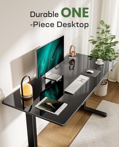 Marsail Glass Electric Standing Desk with Drawer, 48 x 24 Inches Height-Adjustable Desk, One-Piece Tempered Glass Top, Ergonomic Home Office Sit Stand Desk with 4 Preset Heights, Black Marsail